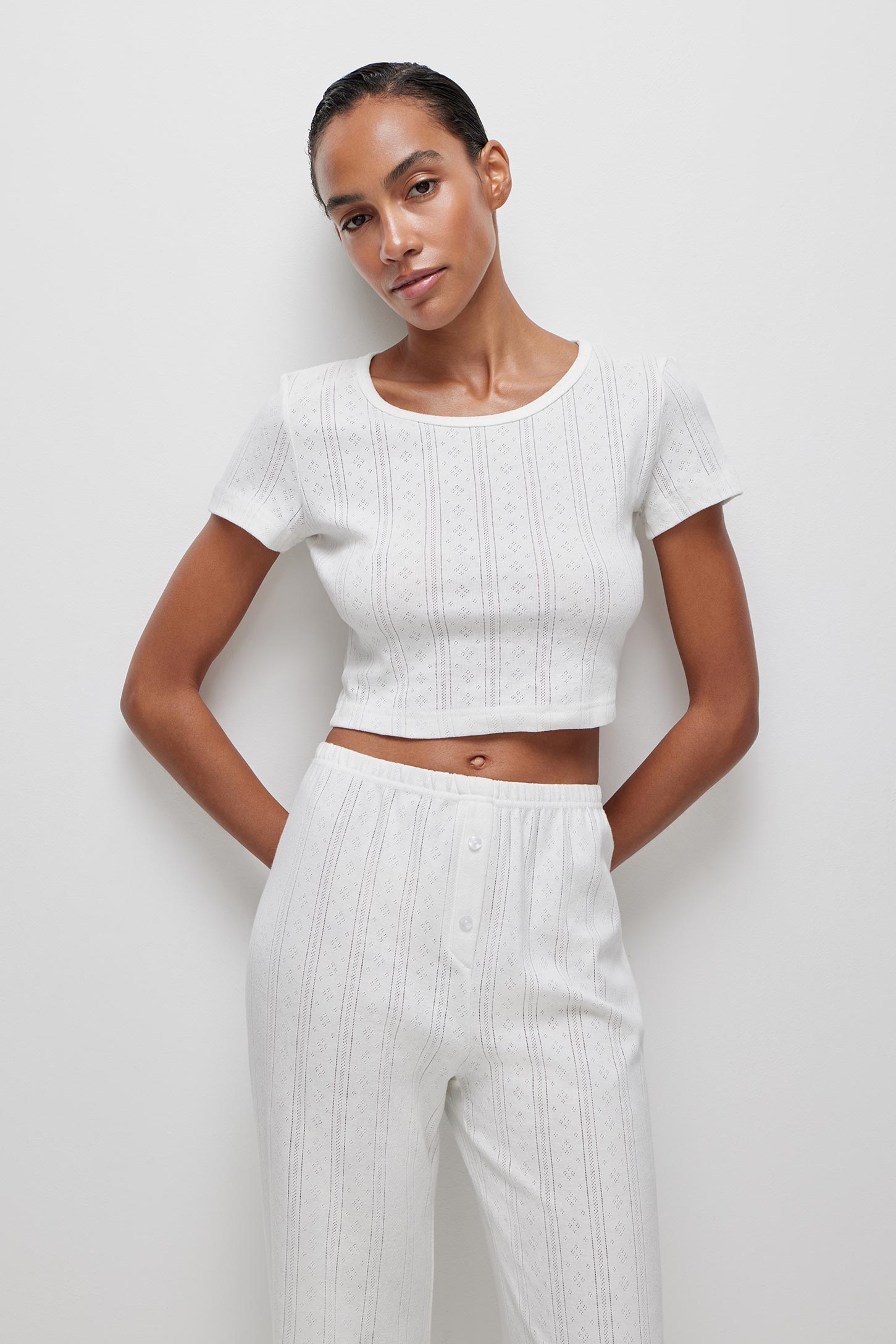 Cropped openwork knit T-shirt POINTELLE – фото № 2