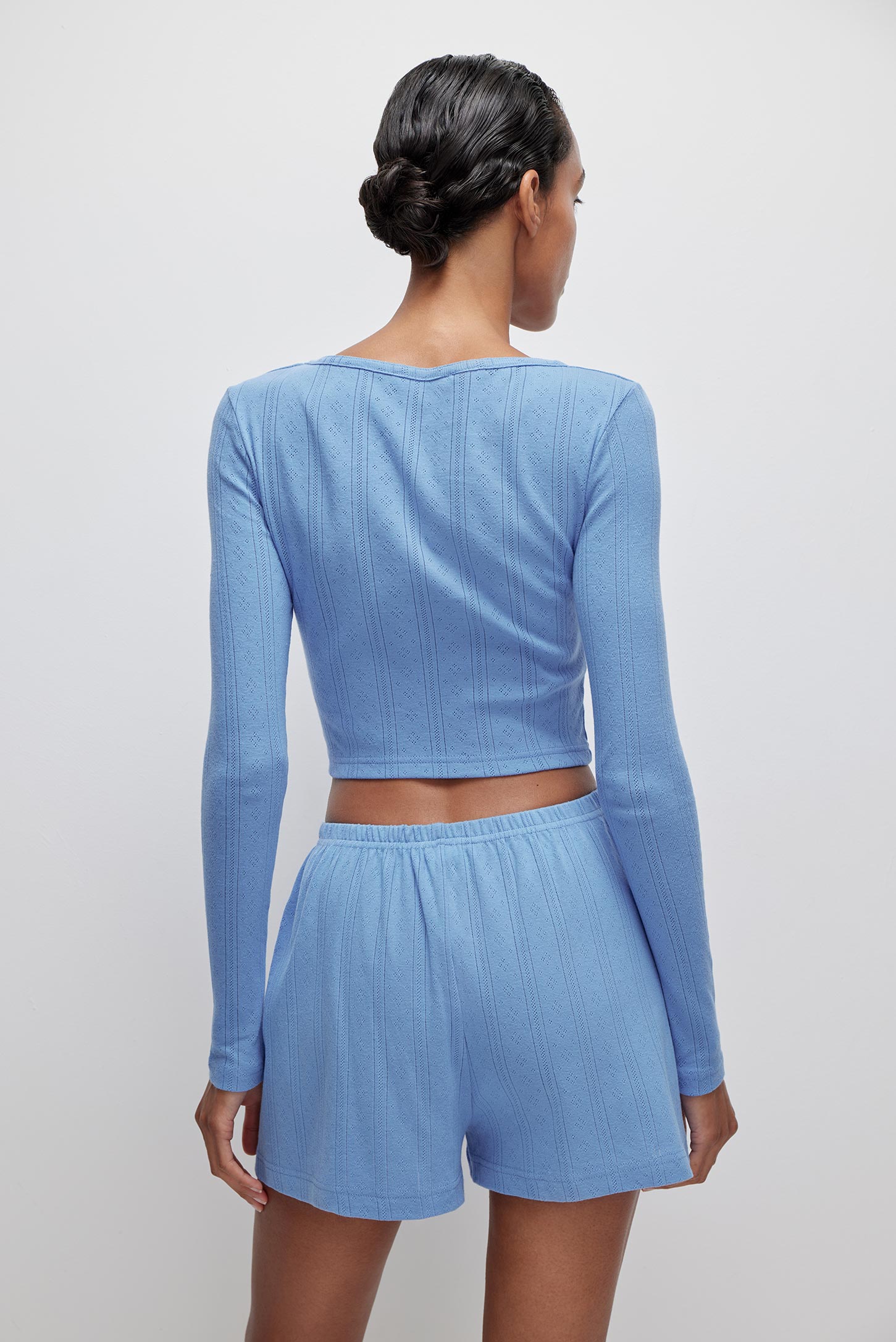 Openwork knit shorts with mock fly POINTELLE – фото № 4